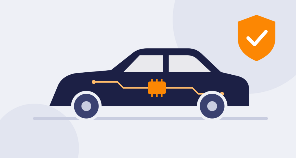 Funktionell säkerhet: en bil med elektronik och en sköld. Den ersätter ISO-logotypen.